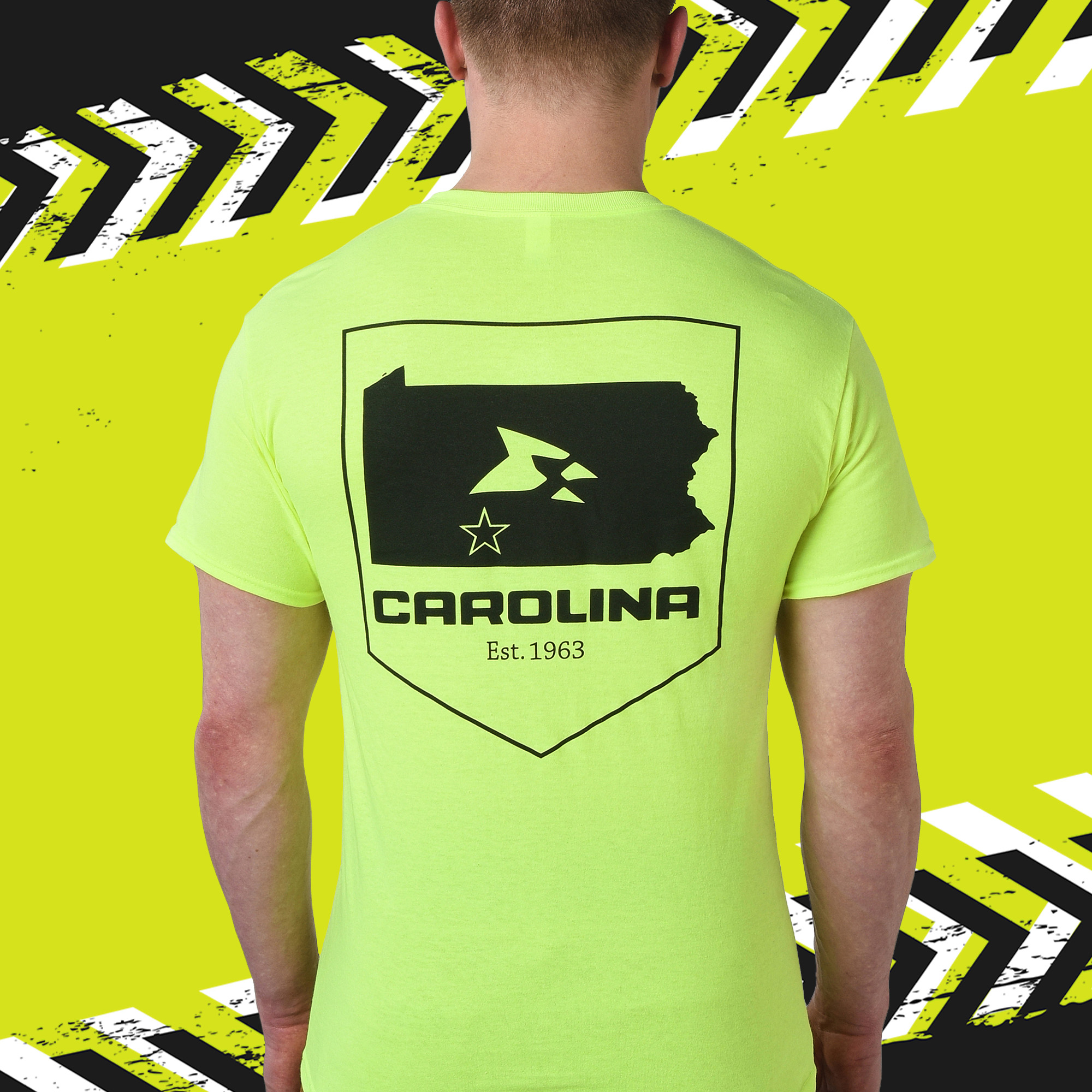 A man wearing Hi-Vis Pa-Pride Logo T-Shirt in yellow.