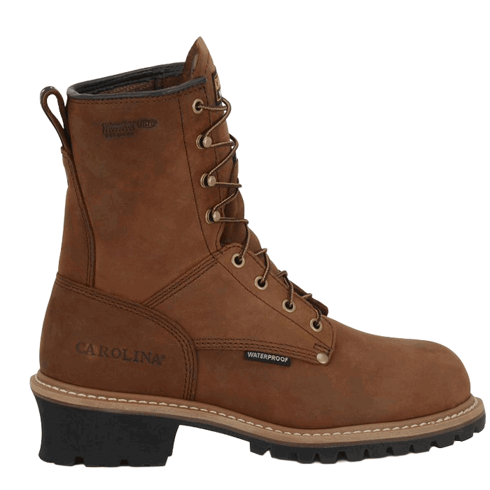 Elm: 8" Insulated Waterproof Logger (Steel Toe) in brown.