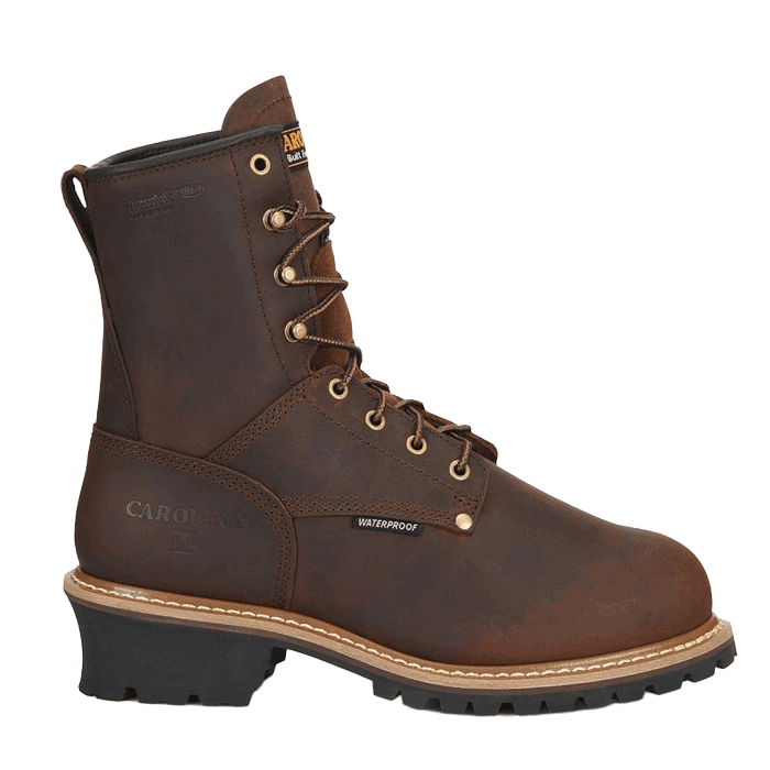 Elm: 8" met guard insulated waterproof logger (steel toe) boot in brown.