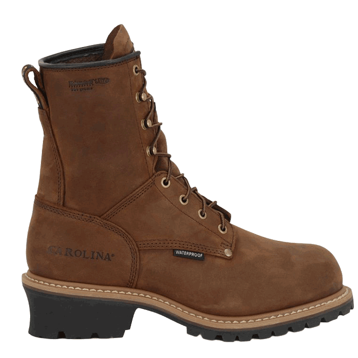 Elm: 8" Insulated Waterproof Logger (Soft Toe) in brown.