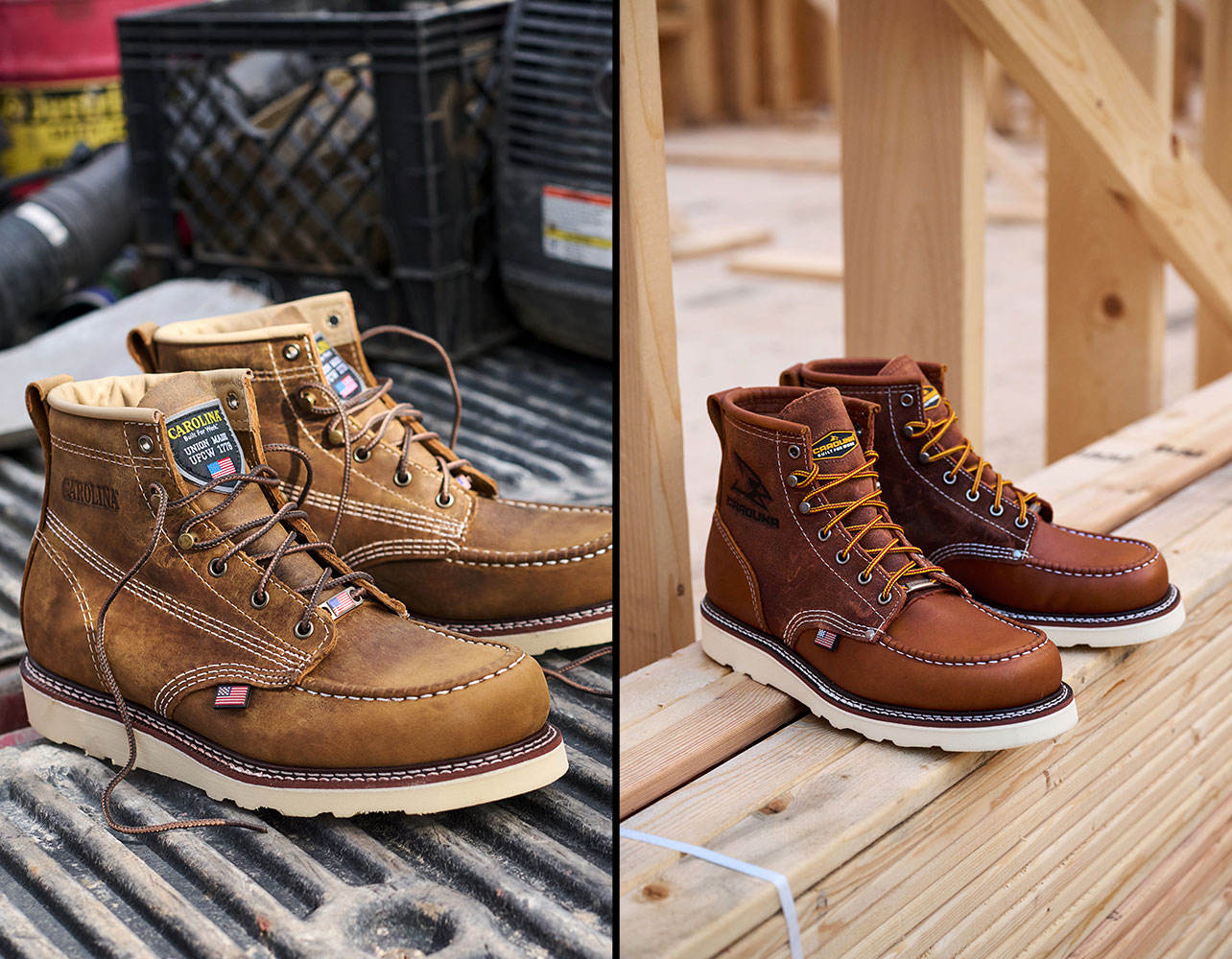 Two images of Carolina boots highlighting the Antique Brass Hardware Color and the Silver Hardware Color.