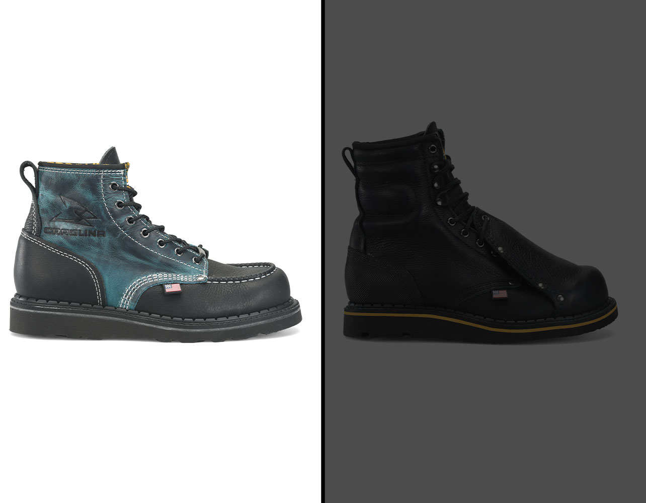 Two Carolina boots with a black midsole and a yellow midsole.