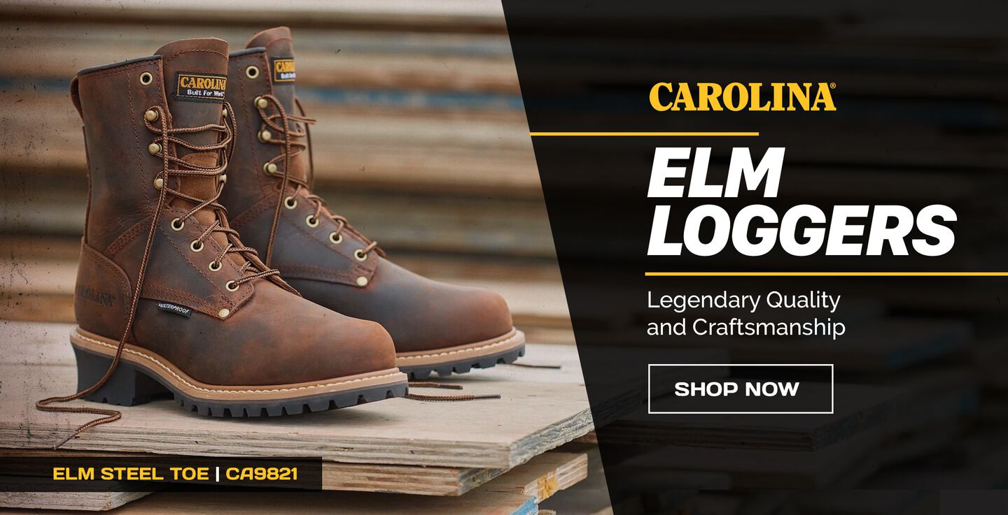 Carolina Elm Loggers. Legendary Quality and Craftsmanship. Featuring the Elm Steel Toe logger in brown - CA9821 . Shop Loggers.