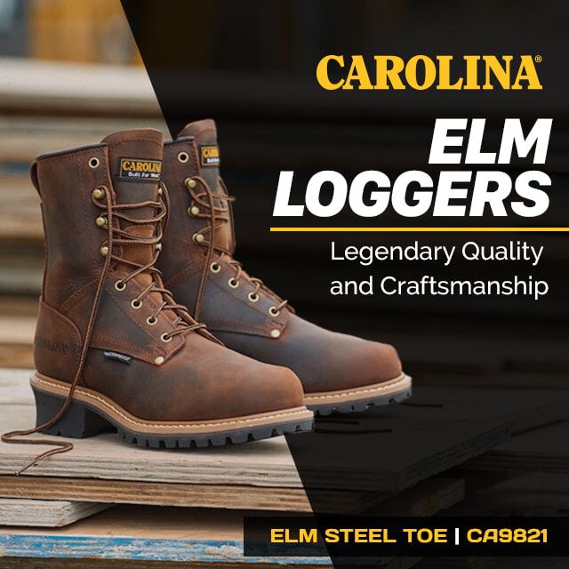Carolina Elm Loggers. Legendary Quality and Craftsmanship. Featuring the Elm Steel Toe logger in brown - CA9821 . Shop Loggers.