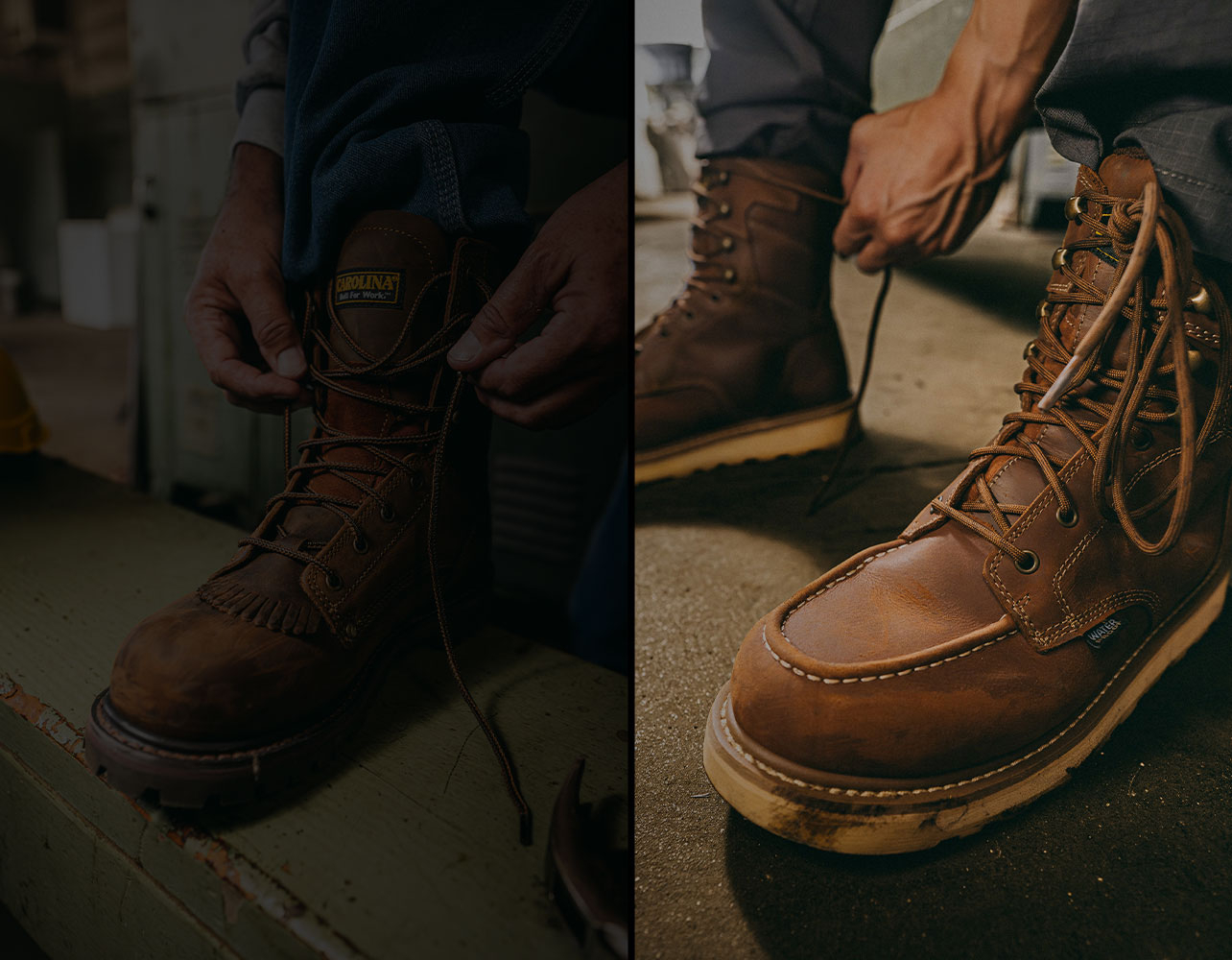 A man lacing up the 28 Series 8" Composite Toe Waterproof Work Boot in brown.