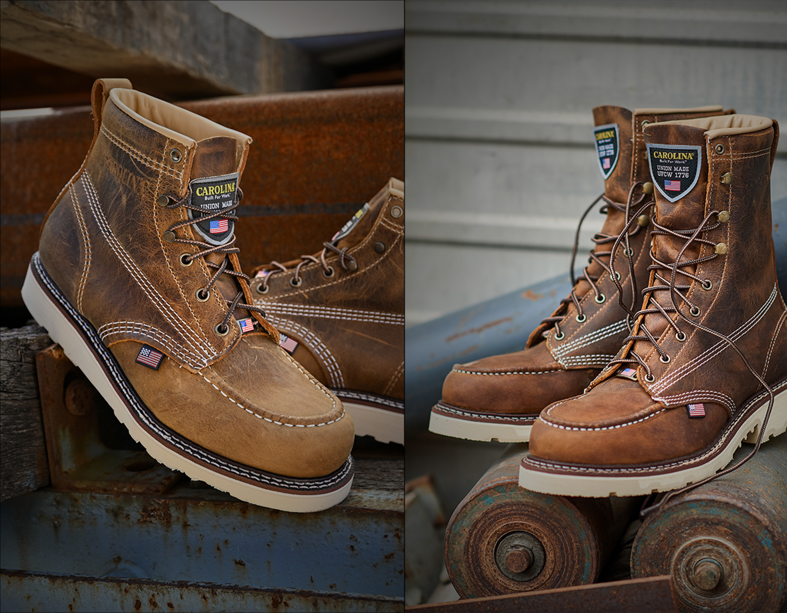 La bota de trabajo Ferric USA de 8 pulgadas con puntera de acero en color marr&oacute;n y la bota de trabajo Amp USA de 6 pulgadas con puntera blanda en color marr&oacute;n.