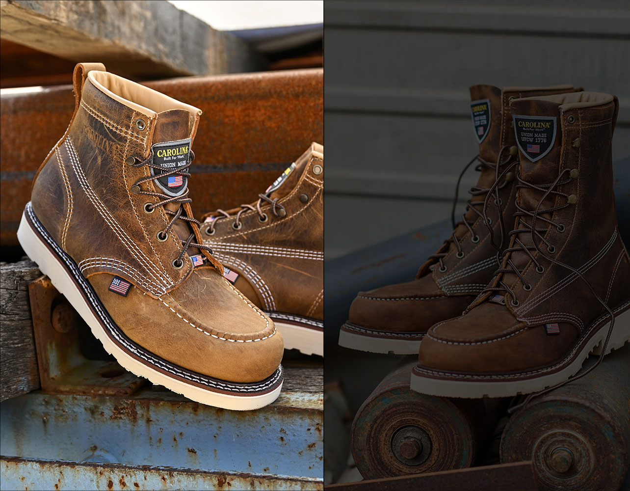 The Ferric Usa 8" Steel Toe Work Boot in brown and the Amp Usa 6" Soft Toe Work Boot in brown.