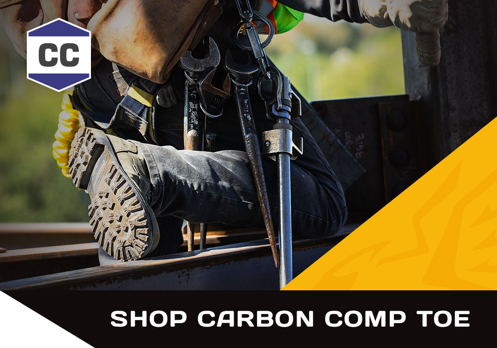 Shop Carbon comp toe. CC feature badge. A man working wearing the Pitstop 8" Carbon Composite Toe Waterproof Work Boot in grey. Shop men's carbon comp toe.