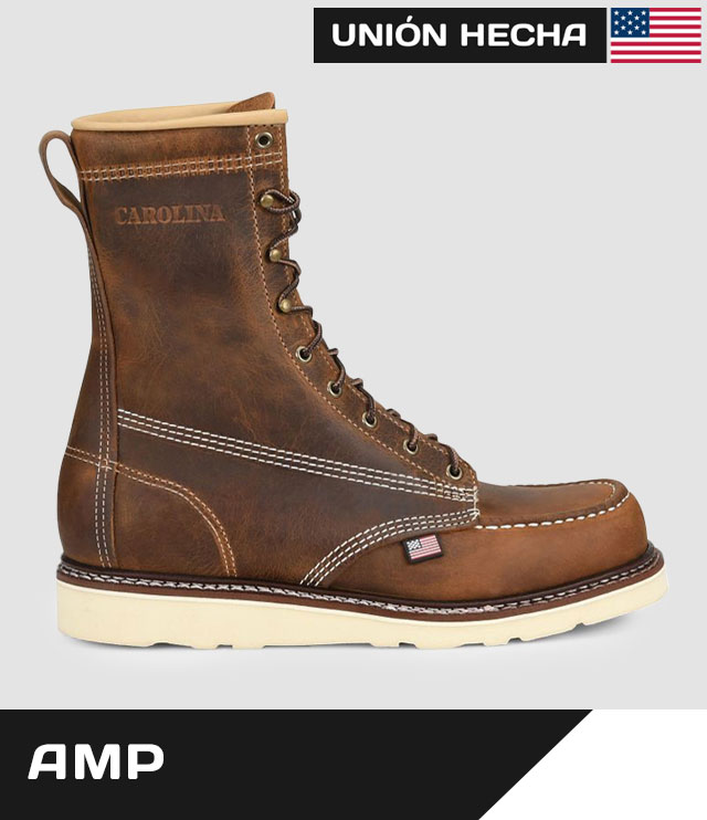 Amp. Unión Construida con la bandera de los Estados Unidos. Bota de trabajo Amp 8" Steel Toe Moc Toe Wedge en marrón. Comprar amplificador para hombre.