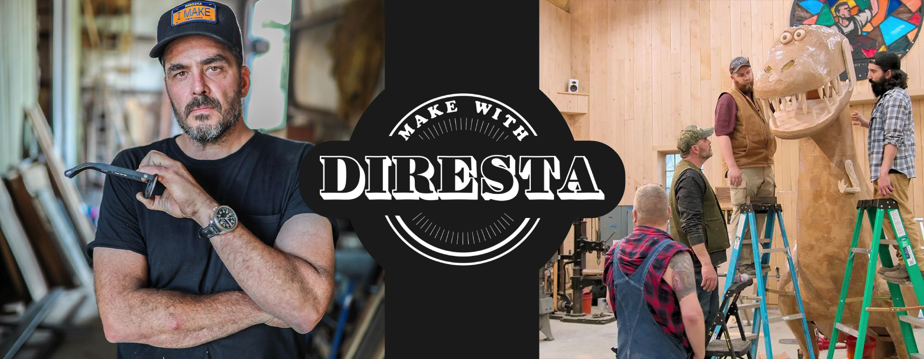 Jimmy Diresta and friends making a dinosaur. Make with Diresta logo.