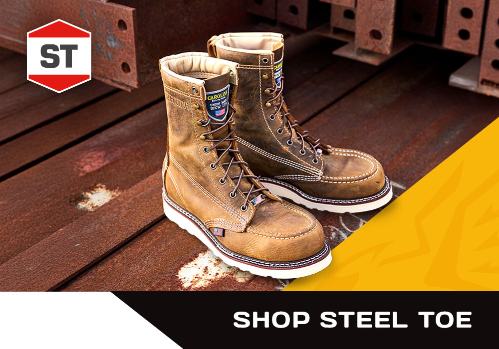Shop steel toe. ST feature badge. The Amp 8" Steel Toe Moc Toe Wedge Work Boot in brown sitting on metal. Shop men's steel toe.