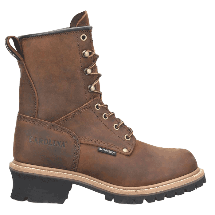 Elm: 8" Waterproof Logger (Soft Toe) in brown.