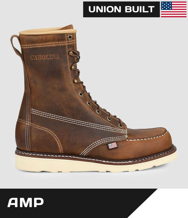 Amp. Union Built with the USA flag. Amp 8" Steel Toe Moc Toe Wedge Work Boot in brown. Shop men's amp.