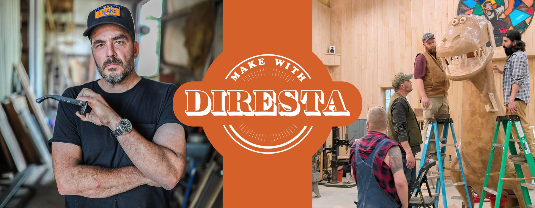 Jimmy Diresta y sus amigos haciendo un dinosaurio. Make with Diresta logotipo.